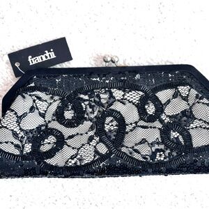 New! Franchi NWT & Box, Black Lace, Bead and Sequin Clutch.